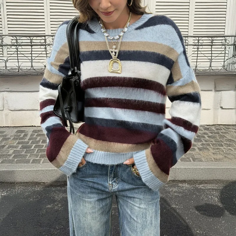Retro Striped Knit Sweater Women American Vintage Lazy Fashion Lady Pullover 2026 Fall Winter