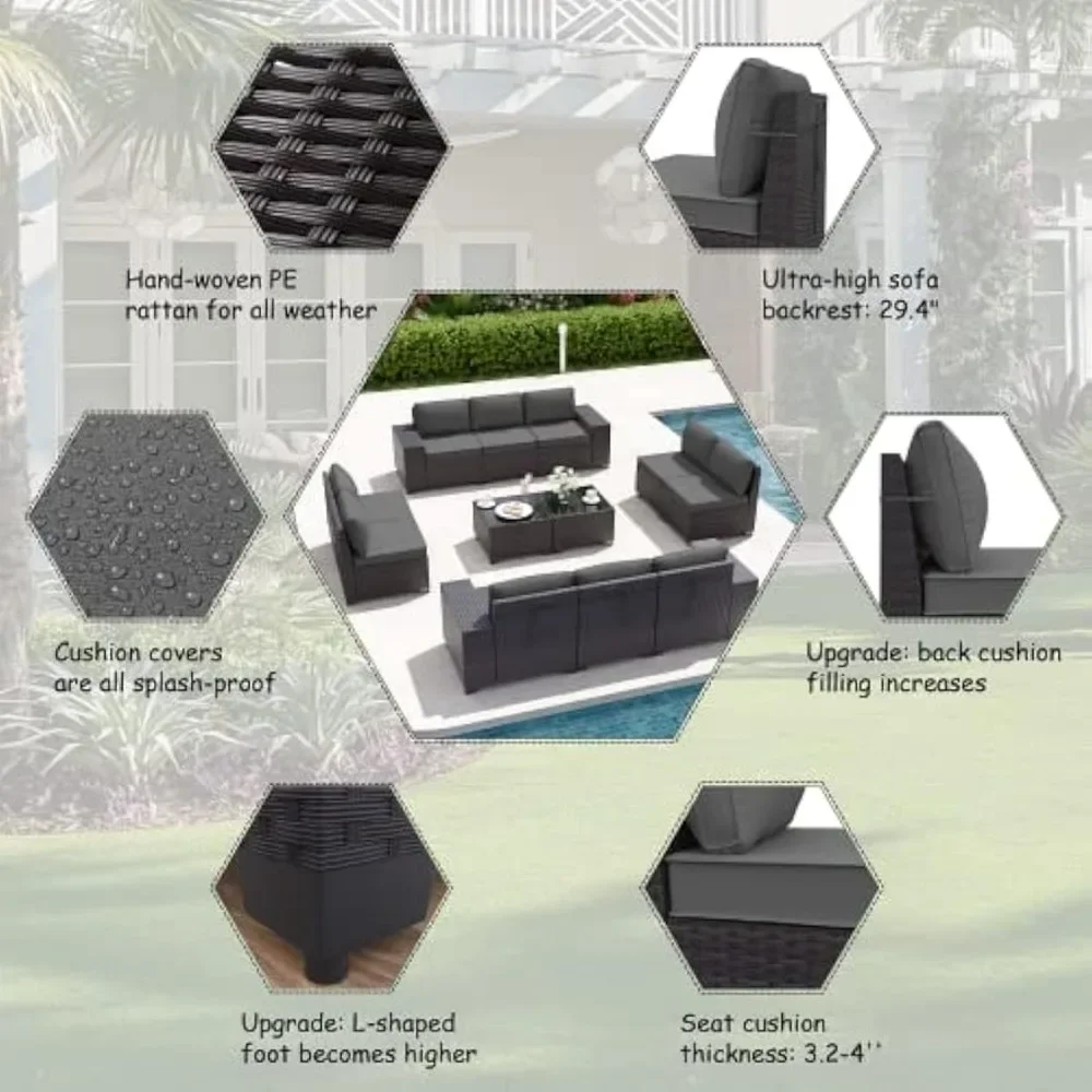 Ensemble de canapé sectionnel avec 10 coussins de siège gris et 2 tables basses, meubles d'extérieur, 12 pièces