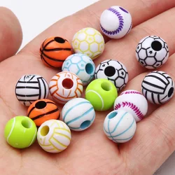 20-100pcs 12mm Mixed Basketball Tennis Ball Pattern Acrylic Beads Loose Round Beads For Jewelry Making DIY Necklaces Accessories