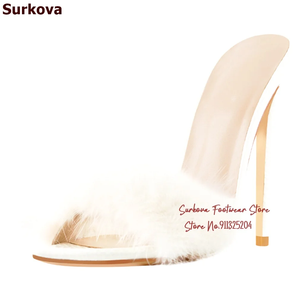 

Surkova White Snakeskin Stiletto Heels Fur Slippers Sexy Slip-on Summer Dress Shoes Sweet Feather Evening Pumps