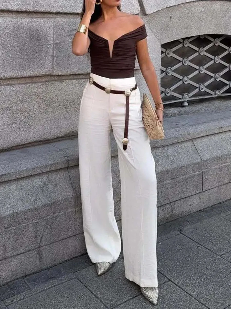 TWOTWINSTYLE Solid Patchwork Folds Bodysuit for Women V Neck Off The Shoulder Slimming High Waist Sexy Backless Playsuit Female