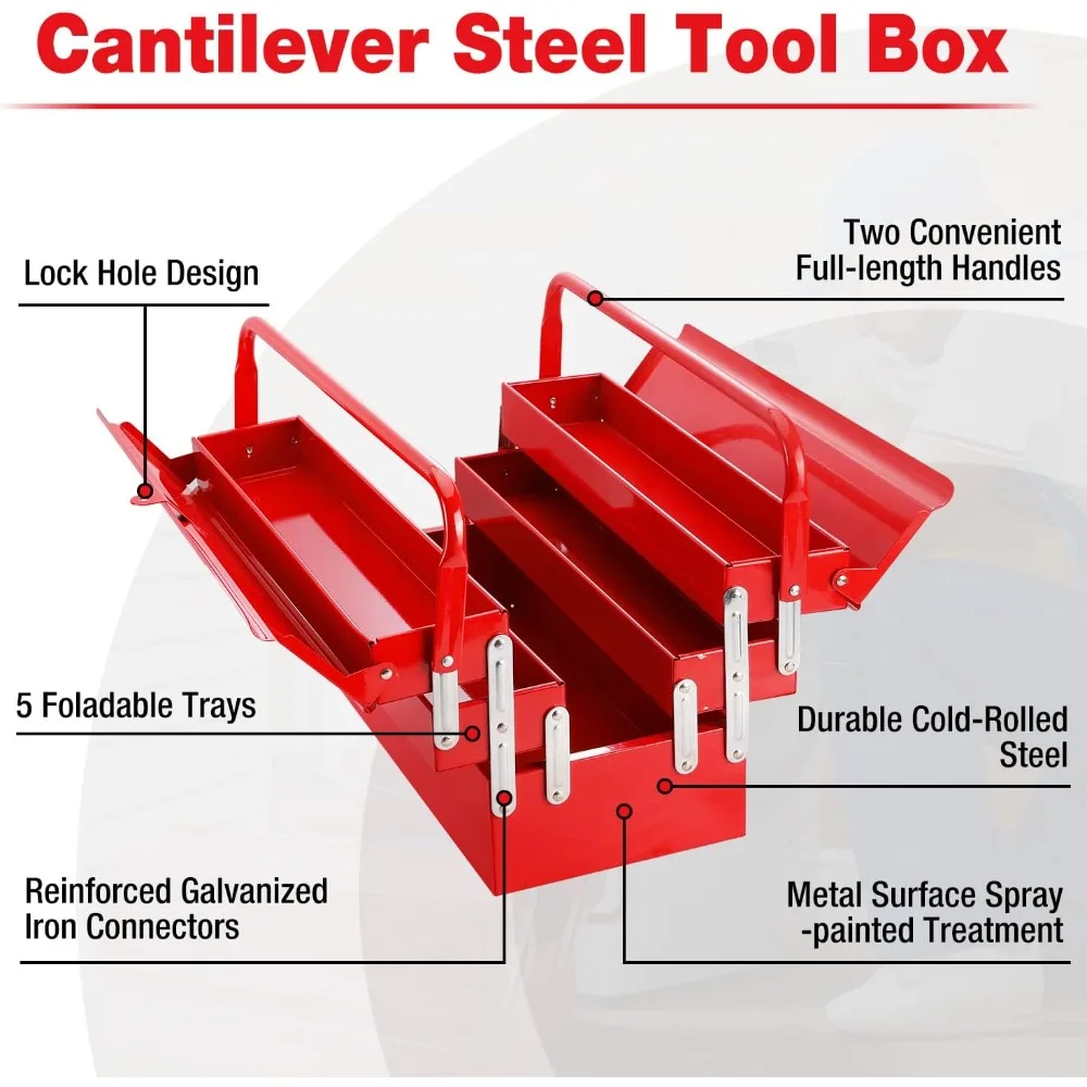 18-Zoll-roter freitragender, zusammenklappbarer Aufbewahrungsbox mit 3-lagigem Werkzeug-Organizer mit 5 Fächern