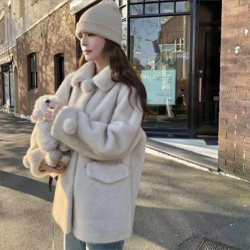 2024 Winter New Mink Fur Environmental Protection Leather Fur Coat Women Thick Loose Outwear Mid-Length Fashion Casual Outcoat