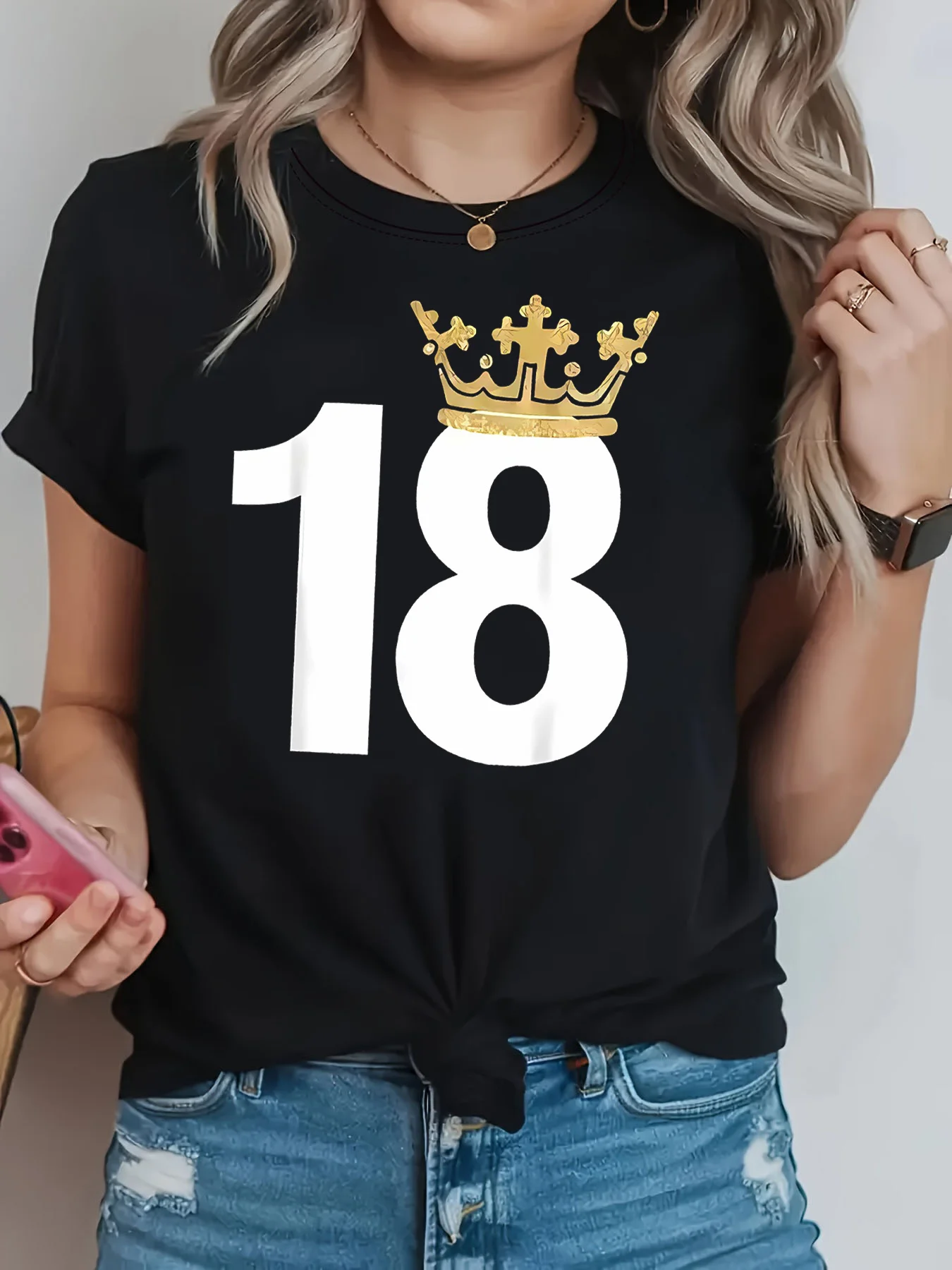 18th Birthday Golden Crown Print Women T Shirt Coming of Age Party Top Minimalist Glam Style Short Sleeve Street Vibe Tee
