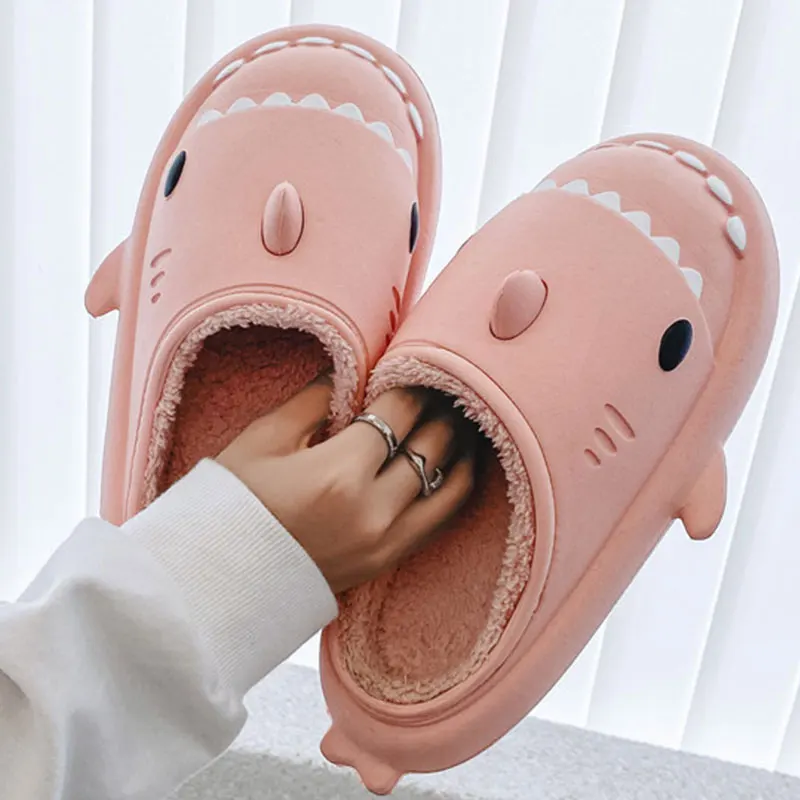 Gacimy Plush Shark Slippers For Women Winter Soft Soles Home Cartoon Shark Cotton Shoes Couple Indoor Waterproof Platform Slides