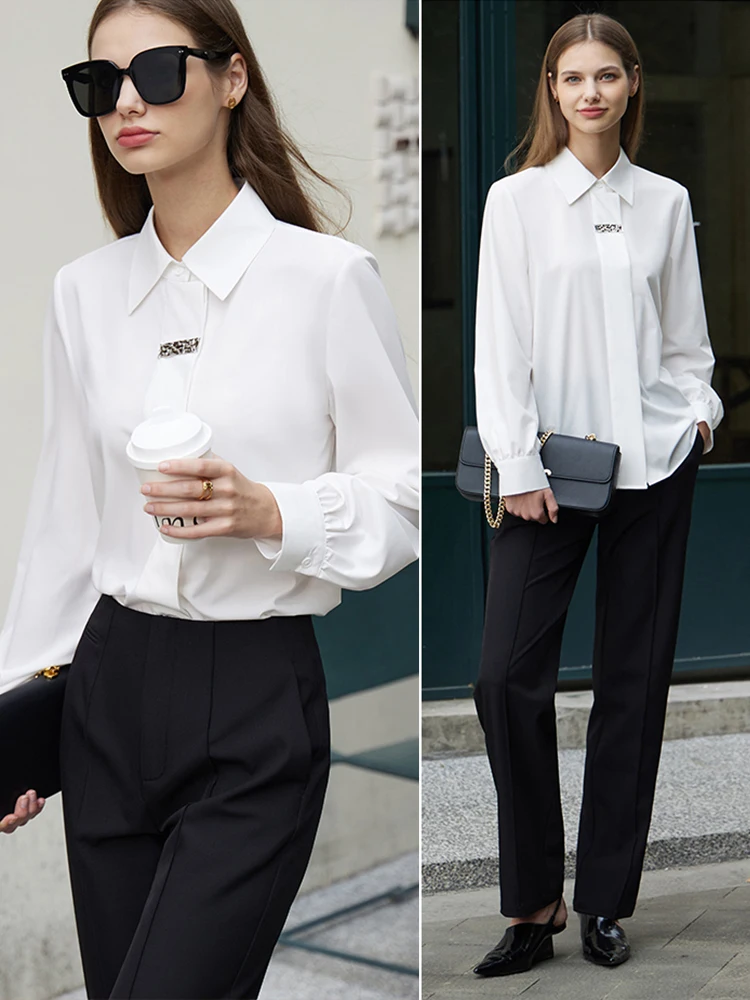 AMII Minimalism 2023 Women Shirt Autumn New White Office Lady Long Sleeve Turn-down Collar Solid Female Shirt & Blouse 12341175