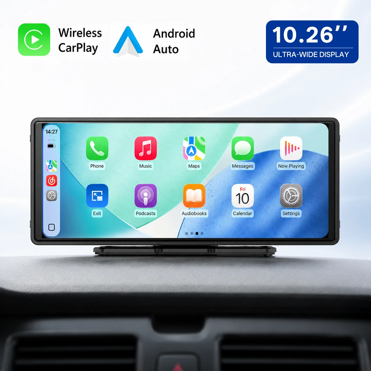 Portable Car Radio 10.26 Inch with Wireless CarPlay and Android Auto Multimedia Video Player Touchscreen Rearview Camera Support