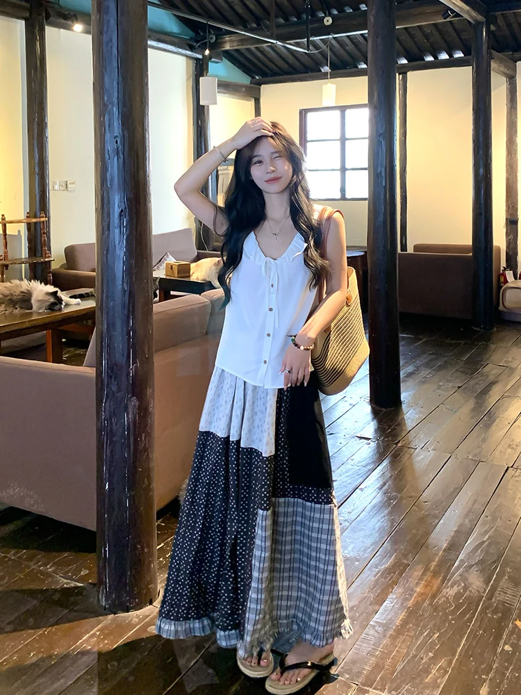 

Adan Floral Print A-Line Midi Skirt Women's Summer New Sle High Waist Versatile Design Polyester Material Korean Sle