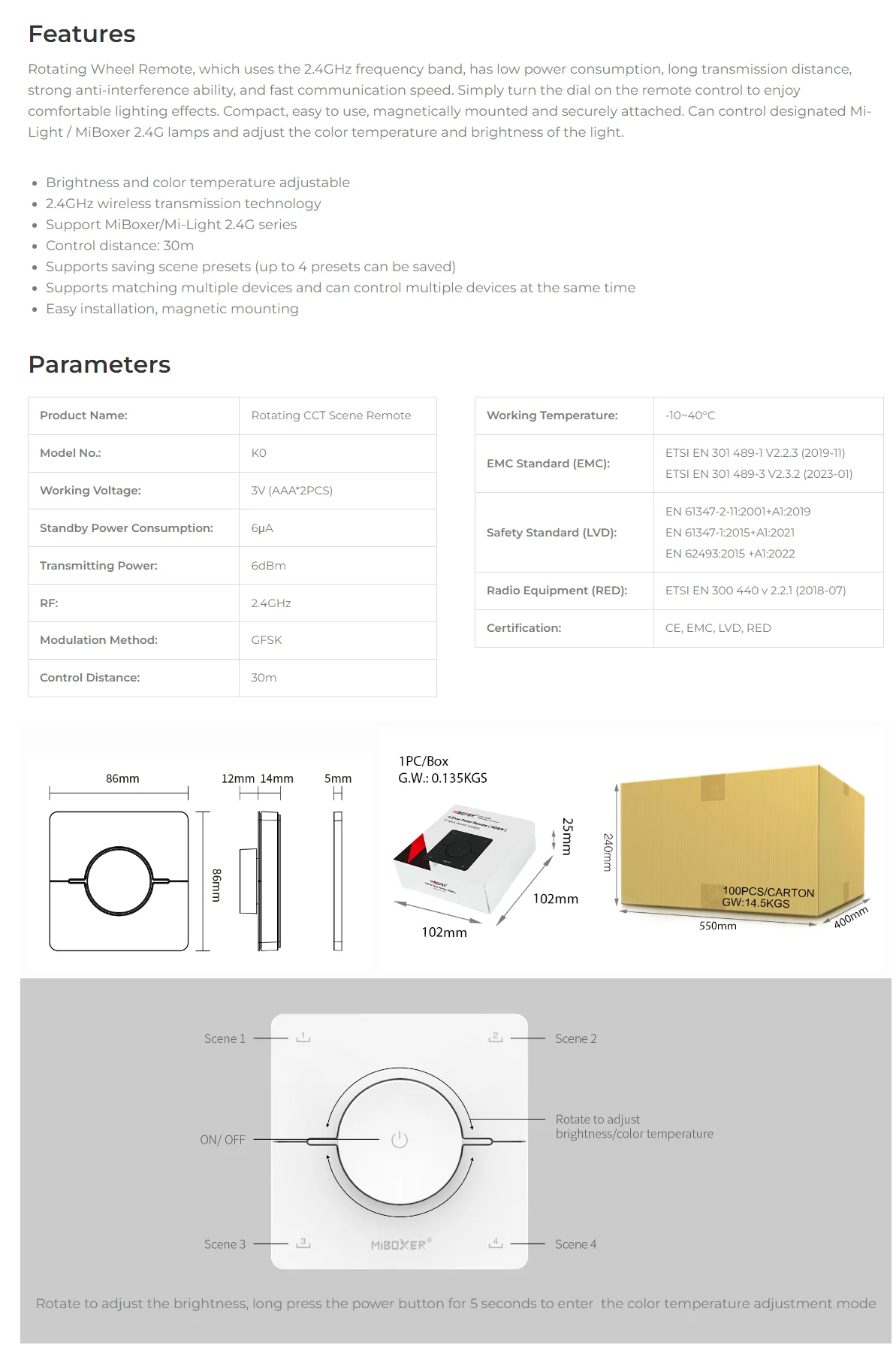 Miboxer K0 Rotating CCT Scene Remote Color Temperature Adjust And Brightness Dimming Magnetic LED Controller