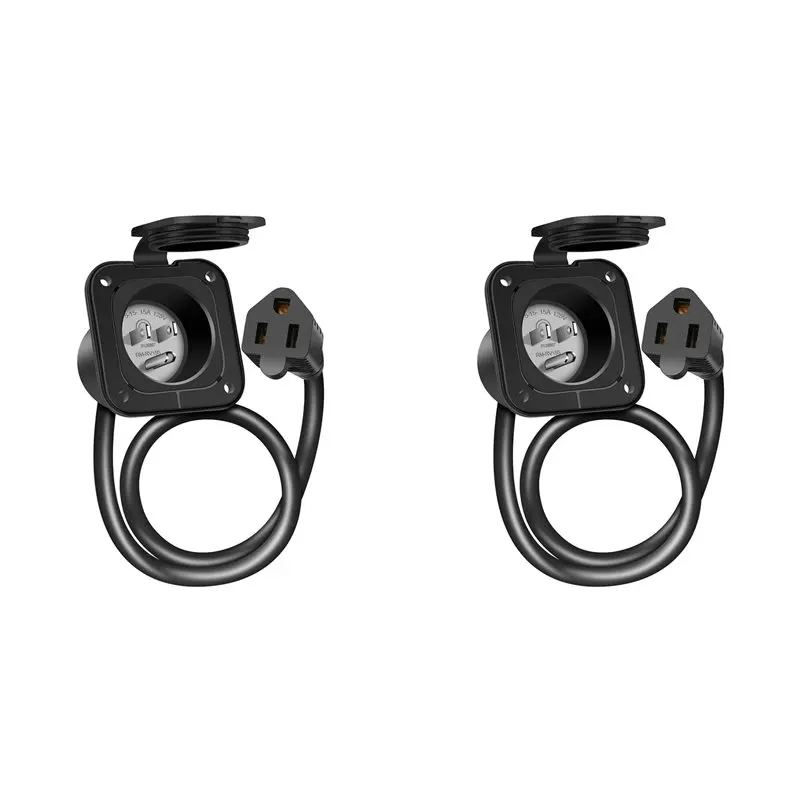 A98E-2X 15 Amp 125V AC Power Inlet Port Plug With Integrated 18 Inch Extension Cord, NEMA 5-15 RV Flanged Inlet US Plug
