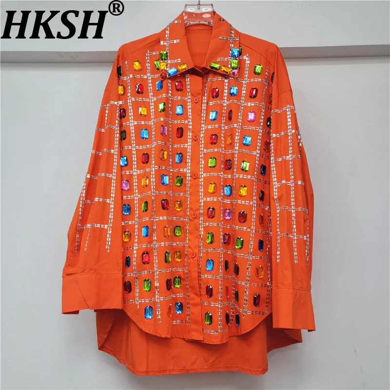 

HKSH Autumn Winter New Women Niche Design Heavy Diamonds Inlaid Streetwear Shirt Tide Versatile Single Breasted Shirt Ins HK9469