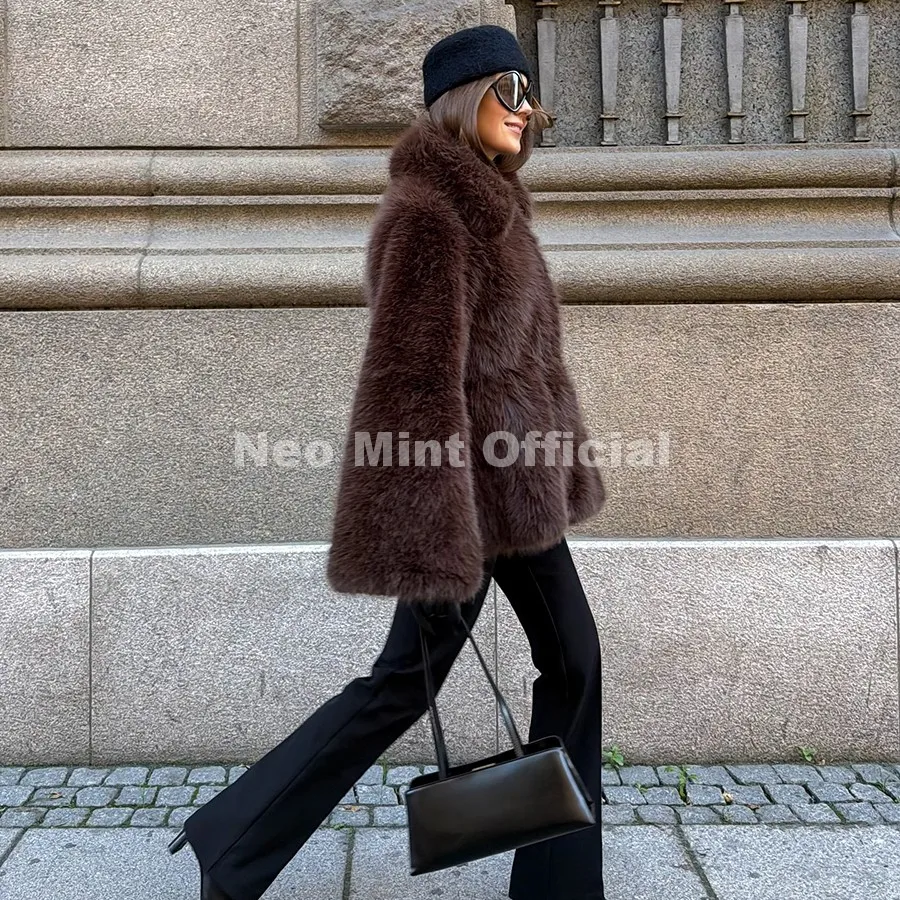 Neo Mint Trendy 2026 Winter Hot Chocolate Brown Peplum Fur Jacket Women Vintage Fashion Fluffy Faux Fox Fur Coat Long Outerwear