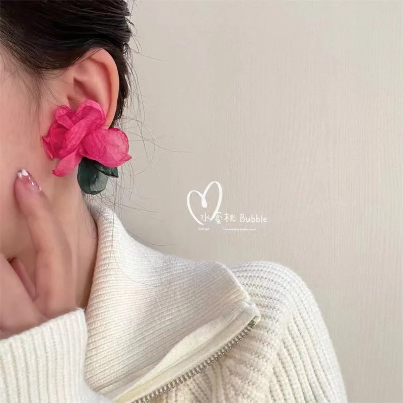 Pure and Elegant Ambient Edged Chiffon Floral Color-Block Earrings for Women, 2022 New Niche Vintage Fairy-Style Stud Earrings