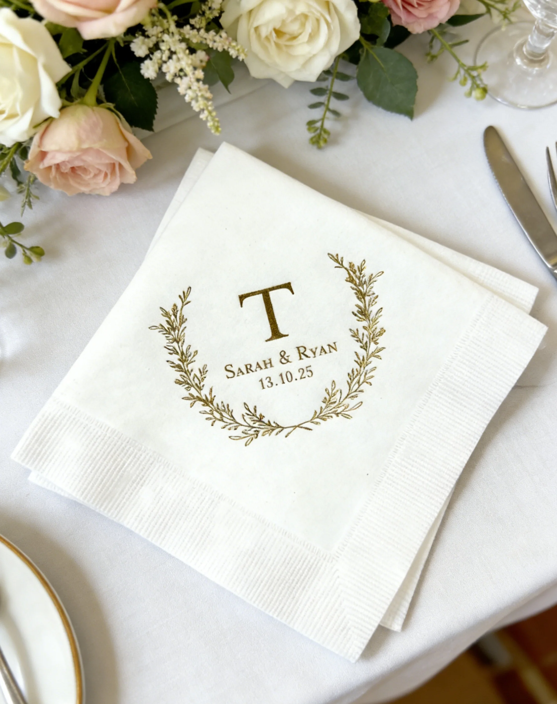 

Personalized Wedding Napkins Custom Laurel Wreath Decorative Napkins for Cocktail Luncheon Dinner