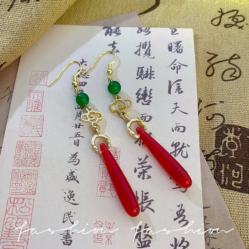 Ethnic Style Auspicious Clouds Earrings for female Ancient style long Delicate tassel Ear Clip Red water drop pendant ear Hook