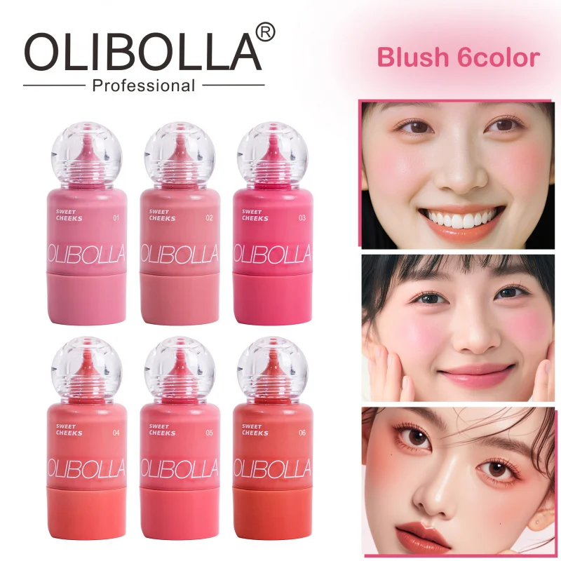 OLIBOLLA 6-farbiges flüssiges Rouge, kleine Milchflaschenpresse – Typ Wangenrouge, wässriges Glühen, klares Rouge, flüssiges Make-up