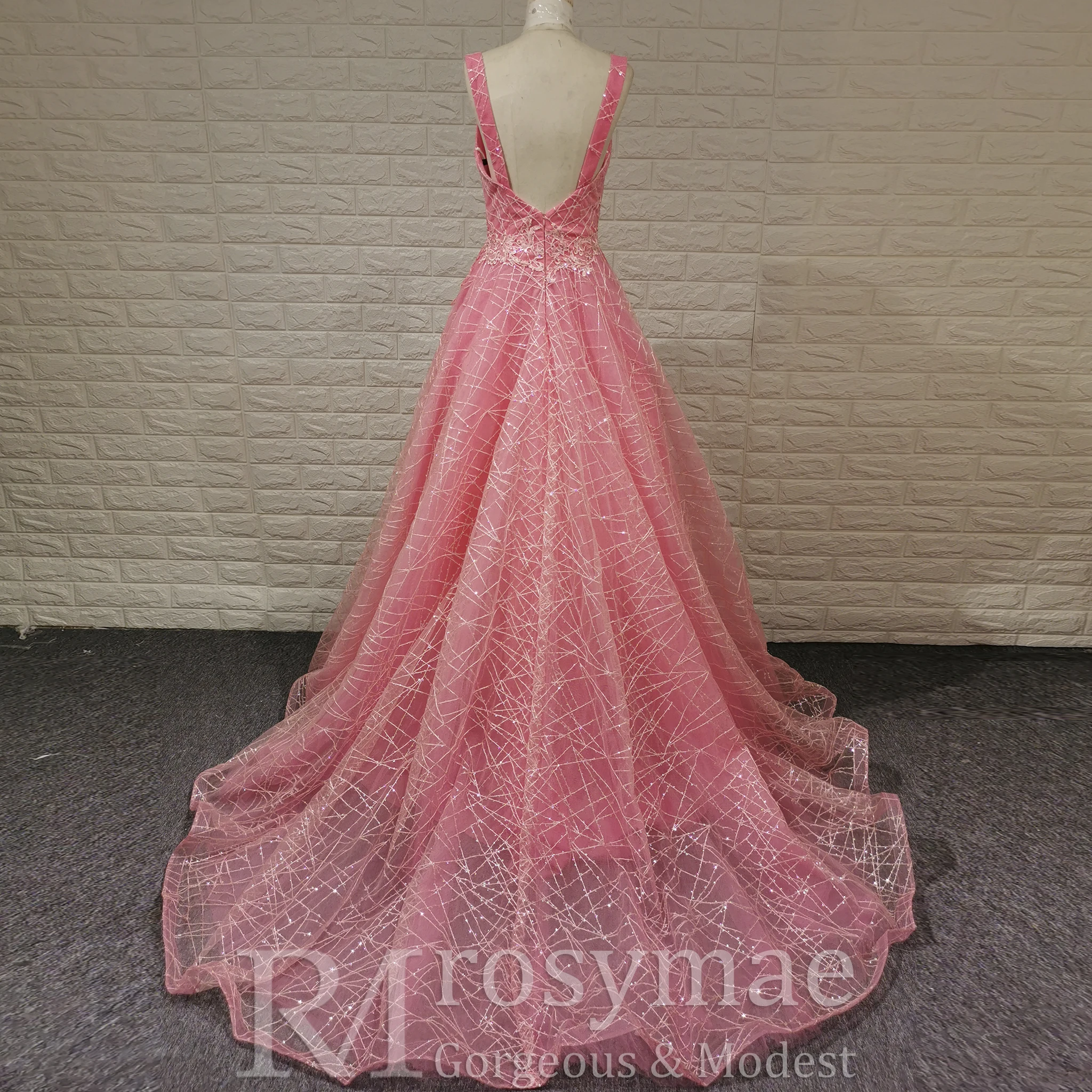Rosymae Pink Prom Dress Elegant A-Line V-Neck Open Back Design Sparkling Gown with Chapel Train for Prom Weddings Formal Events