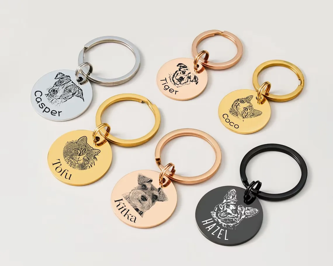 Custom Engraved Pet Portrait Stainless Steel Keychain, Personalized Dog Cat Memorial Sketch Tag Gift for Pet Lovers view 4