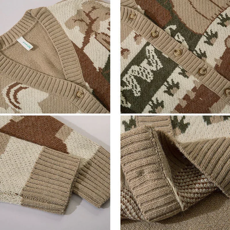 Cárdigans de ocio para mujer, suéteres holgados con cuello en V de un solo pecho con dibujos animados, prendas de punto Vintage para parejas, cárdigan para estudiantes universitarios Ins BF