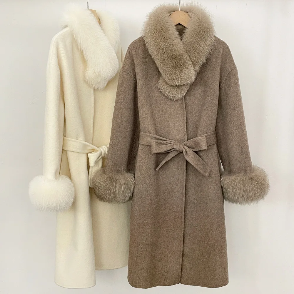 100% Wool Women's Mid-length Woolen Coat Fashion Detachable Real Fox Fur Collar Ladies Lace-up Double-sided Wool Trench Outwear