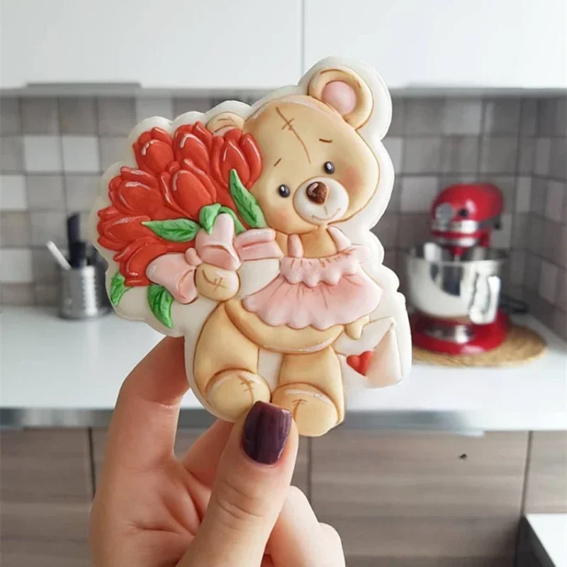 Cute Bear Cookie Cutters Embossing Cartoon Wedding Birthday Flower Fondant Biscuit Molds Cake  Decorations Tools Baking Supplies