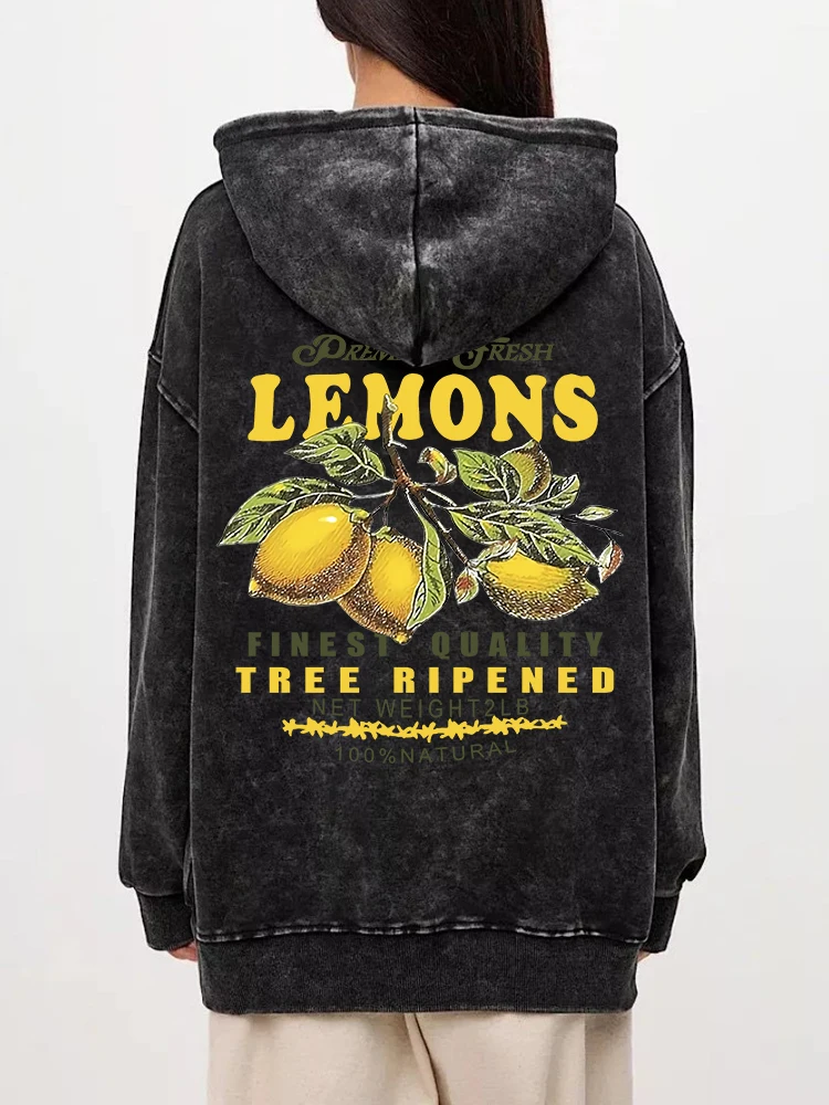 Autumn Winter Womans Washed Hoodie Premium Fresh Lemons Printing Sweatshirt Retro Oversize Cotton Hoody Casual Couple Clothes