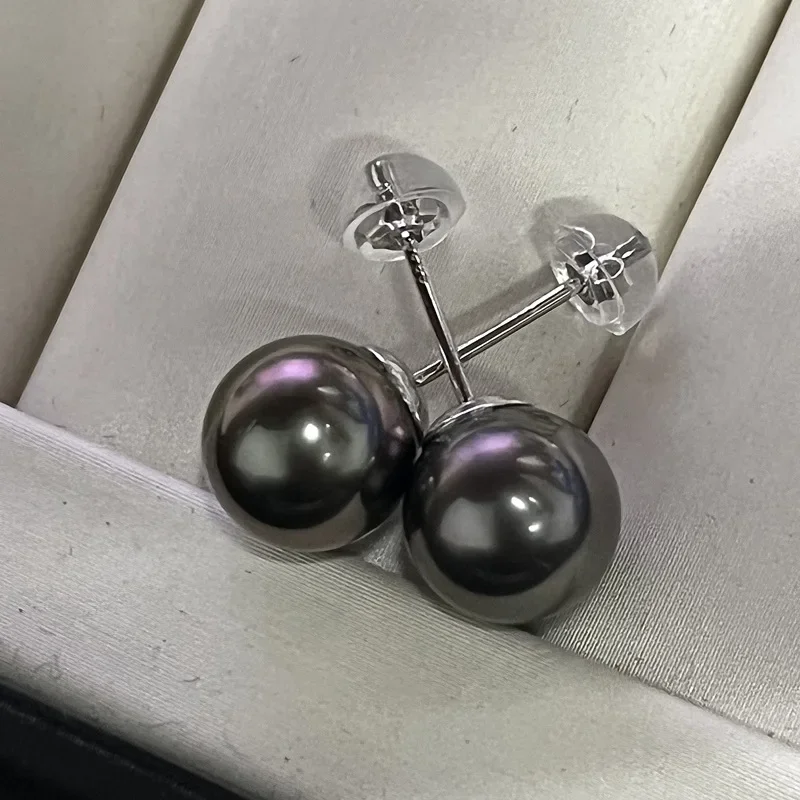 Tahitian Seawater Black Pearl Stud Earrings 9-10mm Round Strong Light Flawless Women's Light Luxury Earrings