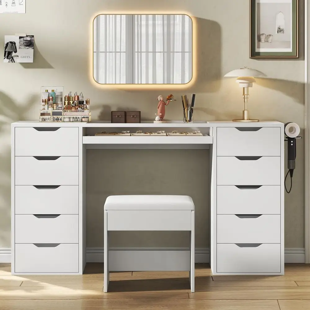 Vanity Desk Without Mirror, 10Drawer Glass Top Makeup Vanity with SlideOut Tray amp Charging Station, Vanity Set with Stool, fo