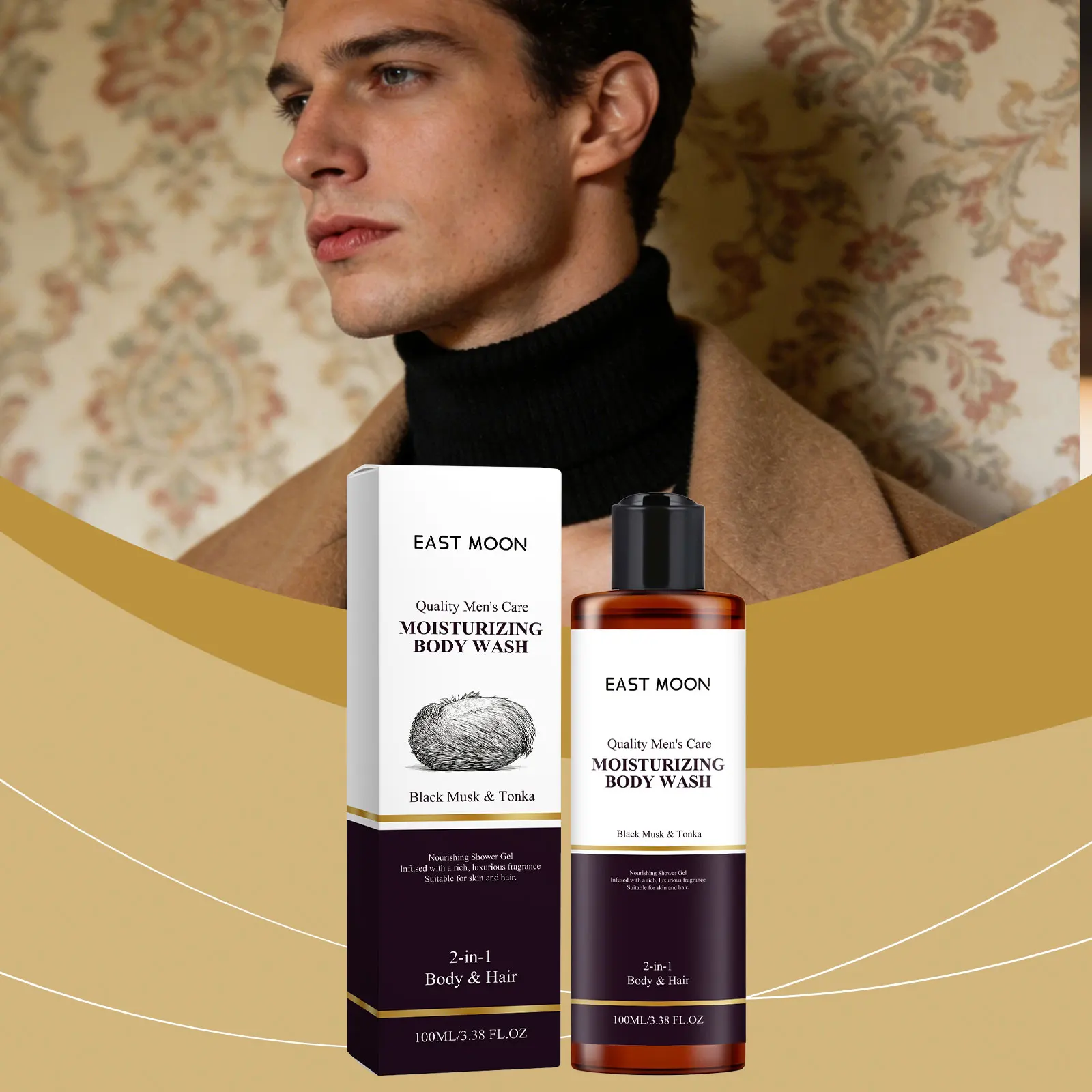 EAST MOON Men's 2-in-1 Hair & Body Wash, Black Musk Fragrance Shower Gel, Gentle Cleansing Moisturizing Body Wash for Smooth