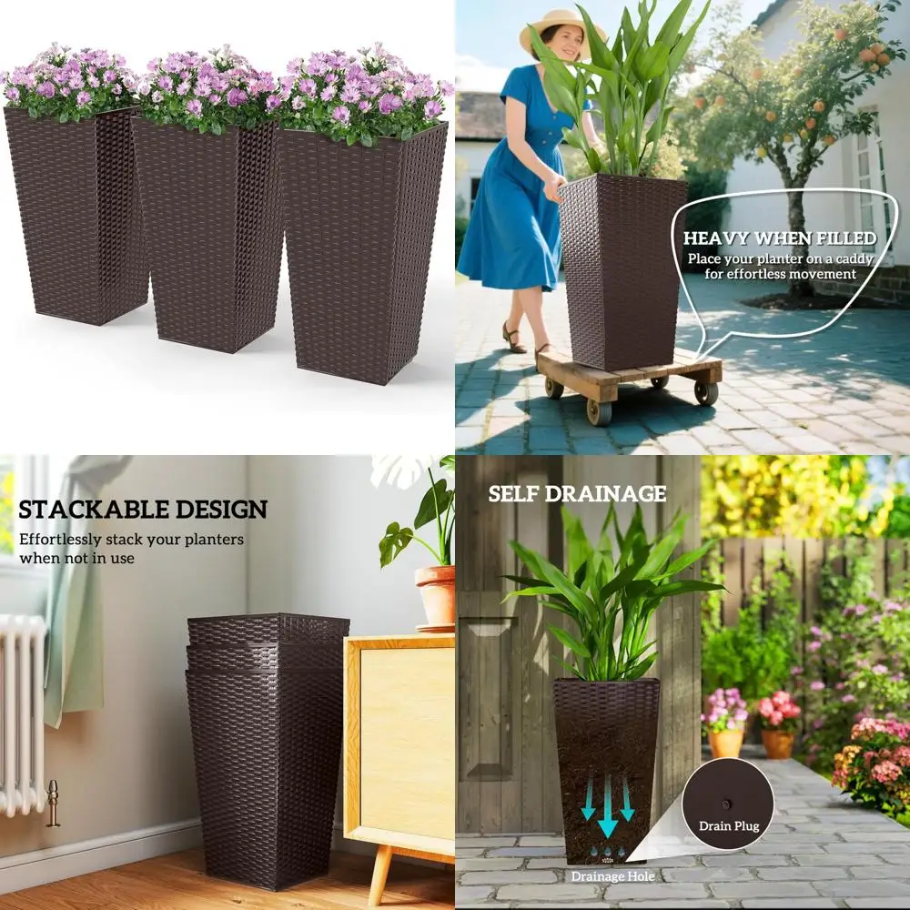 

Set of 3 Tall Outdoor Planters, 24 Inch Taper Design with Drainage, Rattan Decorative Pots for Indoor Use