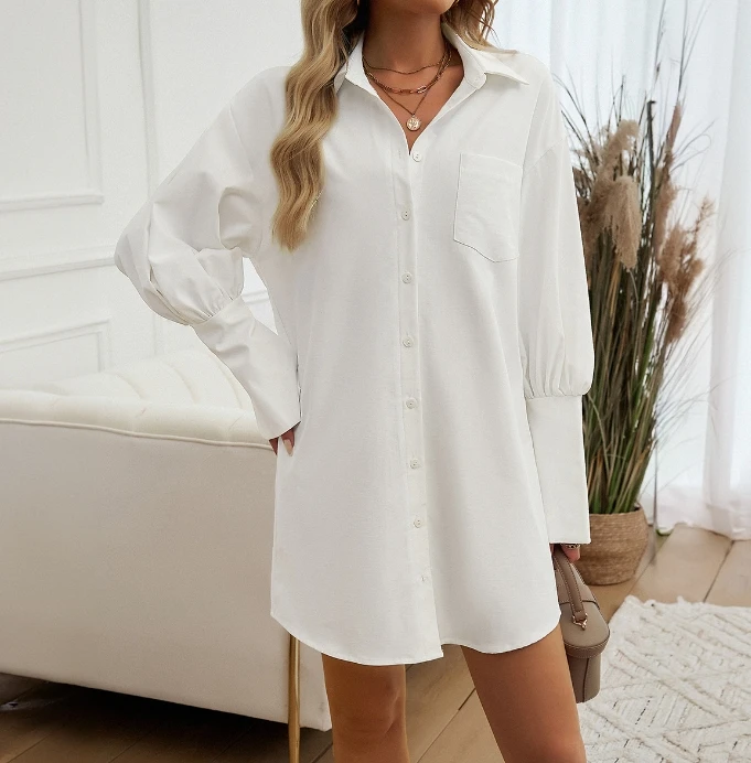 

Elegant Style Mid Length Skirt for Women Spring Autumn Long Sleeves Shirt Collar Casual Cardigan Solid Color Shirt Skirt Dresses