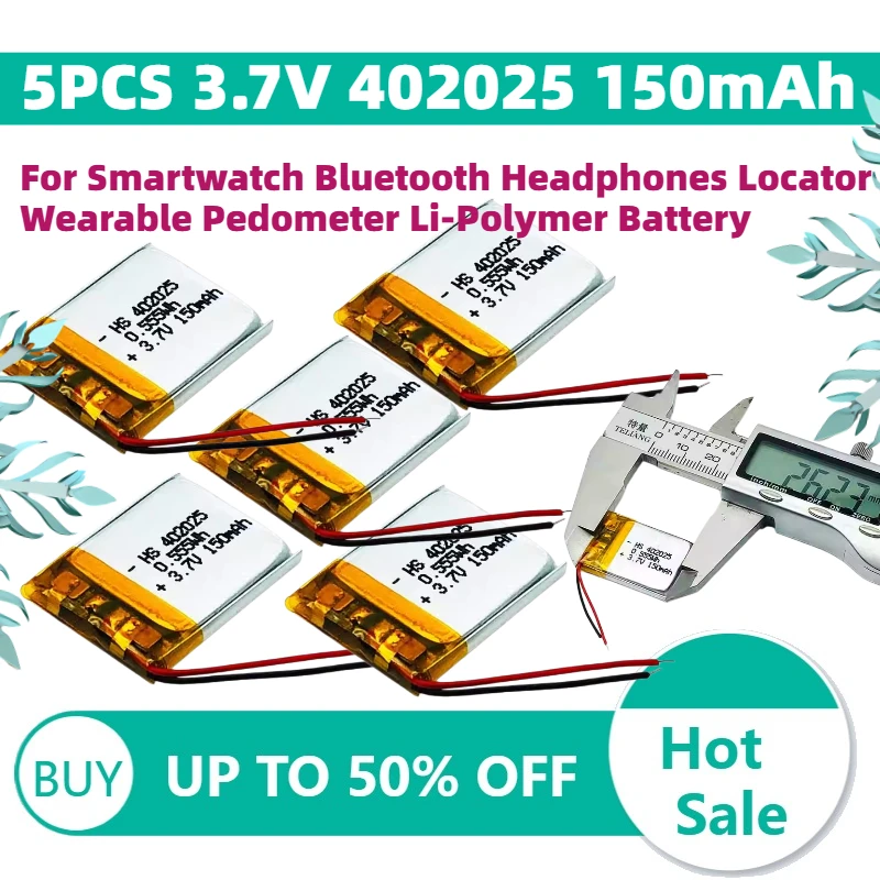 

5PCS 3.7V 402025 150mAh Rechargeable Battery for Smartwatch Bluetooth Headphones Locator Wearable Pedometer Li-Polymer Battery