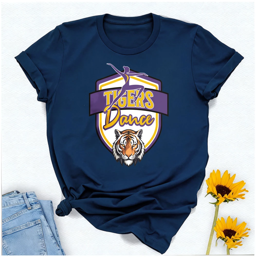 Tigers Dance Team T-Shirt Women School Spirit Graphic Tee Casual Short Sleeve Top Purple Gold Tiger Mascot Shirt Gift for Dancer