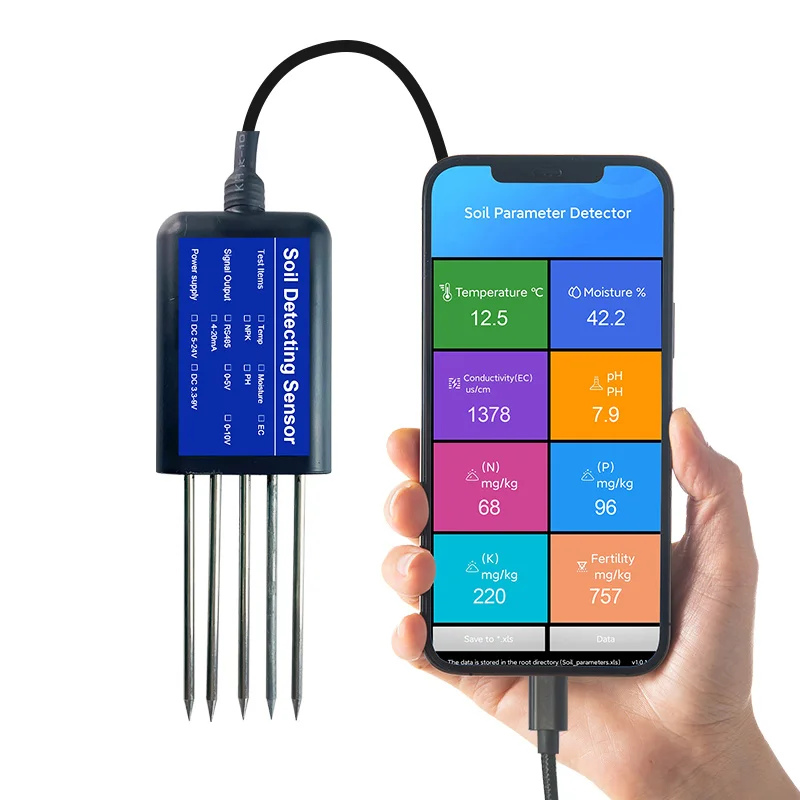 Smart Farming Digital Soil NPK EC PH Plant Hygrometer Moisture Probe Meter Sensor Connecting Mobile Phones 7-In-1 Soil Tester