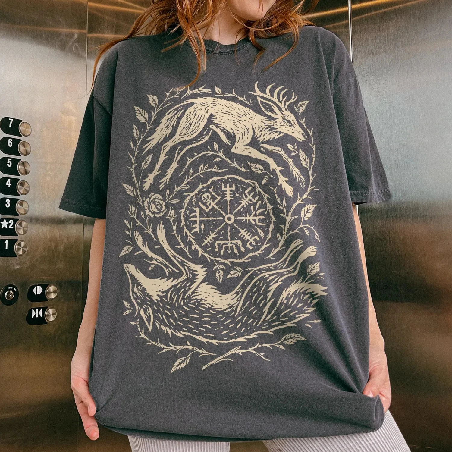 Women's Tops Wolf and Stag Linocut T Shirt Men Tee Cotton Unisex Vintage Norse Vegvisir Forest Mystical Animal Tee Viking Tops