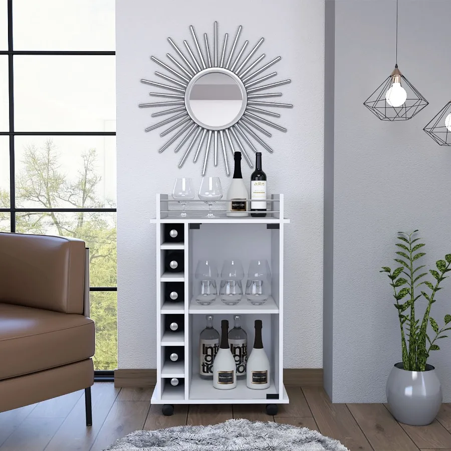 

Vegas Bar Cart Two Tier Cabinet With Glass Door Six Cubbies For Liquor