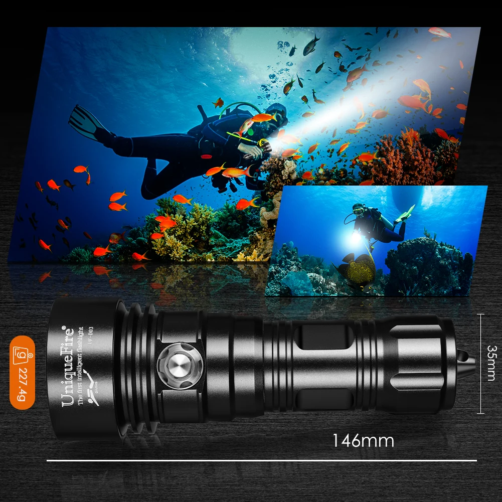 UniqueFire D03 Super Bright Diving LED Flashlight 3000 Lumen IPX8 Waterproof Dive Torch for Under Water Deep Sea Cave at Night