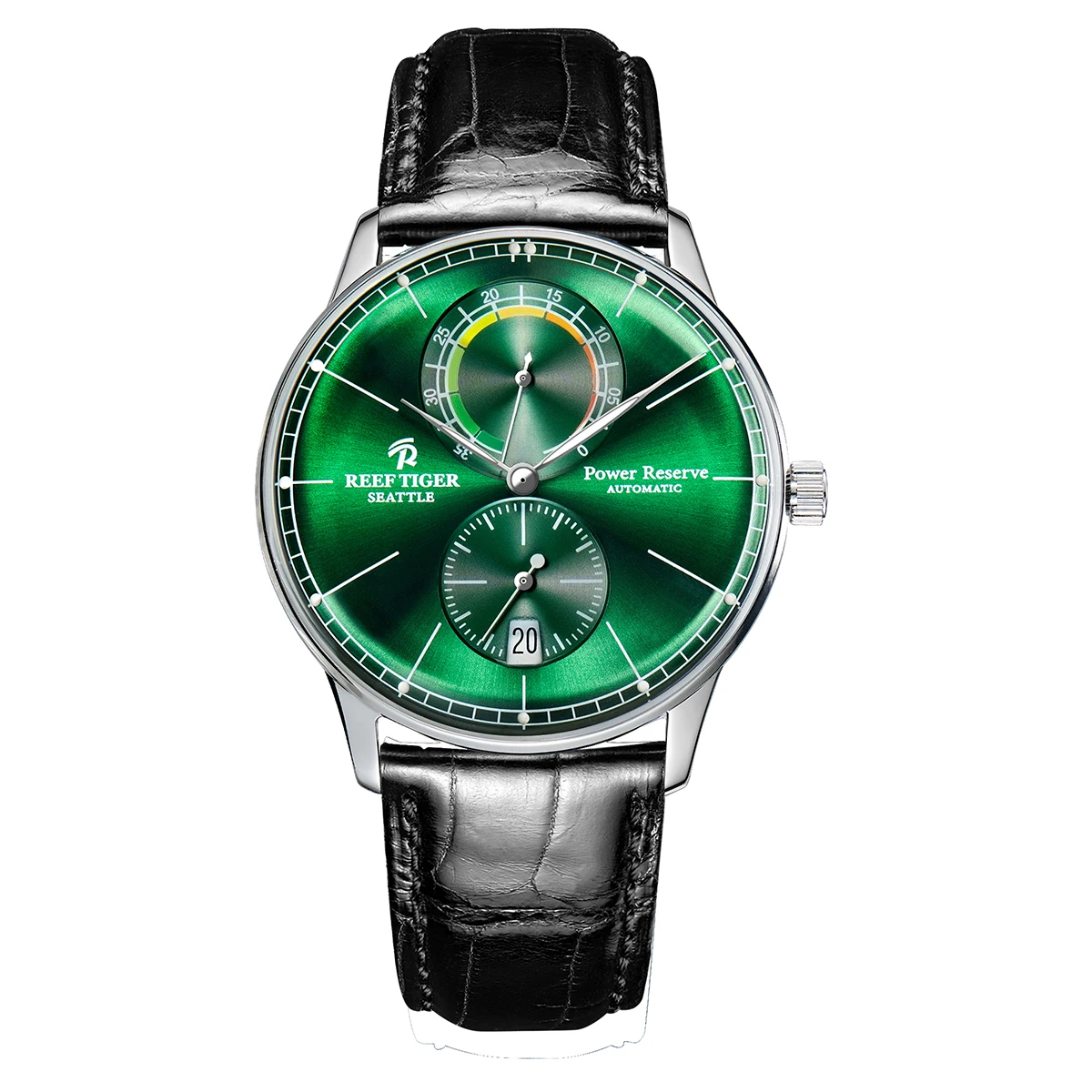 

Reef Tiger Top Brand Men's Stainless Steel Green Dial Mechanical Watch Leather Waterproof Automatic Watches Relogio RGA82B0-3