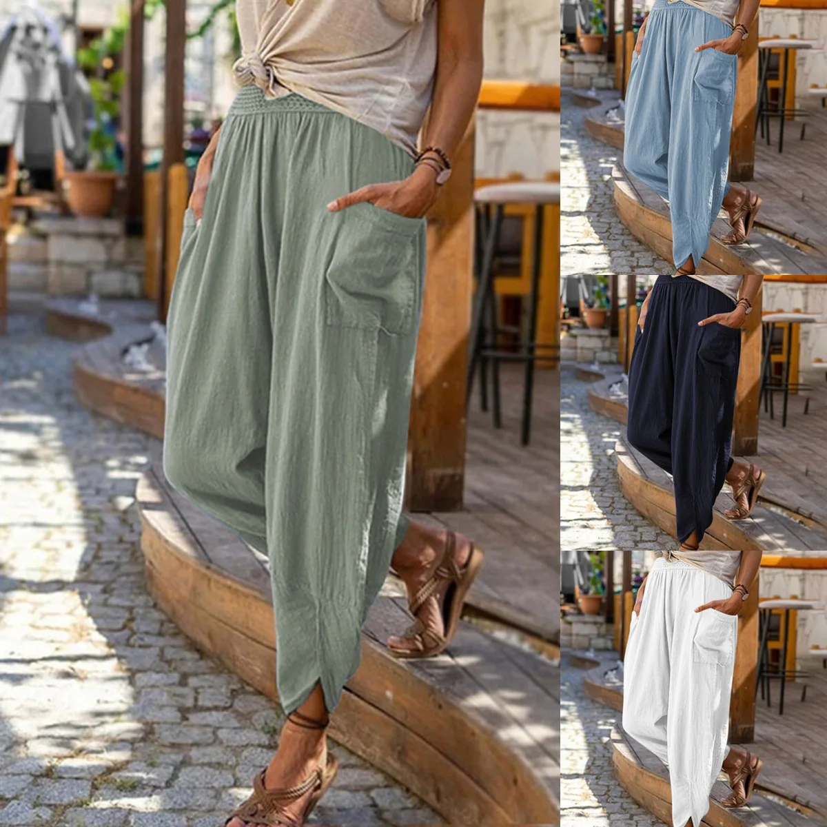 

2025 Spring and Summer New Casual Wide-leg Cotton and Linen Loose Pants Beach Pants Women's Europe and The United States
