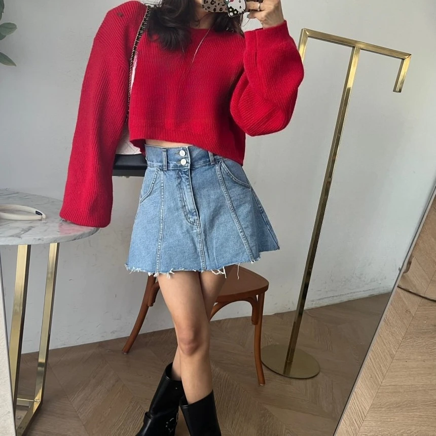 REALEFT الربيع الصيف خمر المرأة الدنيم التنانير القصيرة 2025 جديد عالية الخصر المرقعة عادية ألف خط مثير التنانير الصغيرة الإناث #3