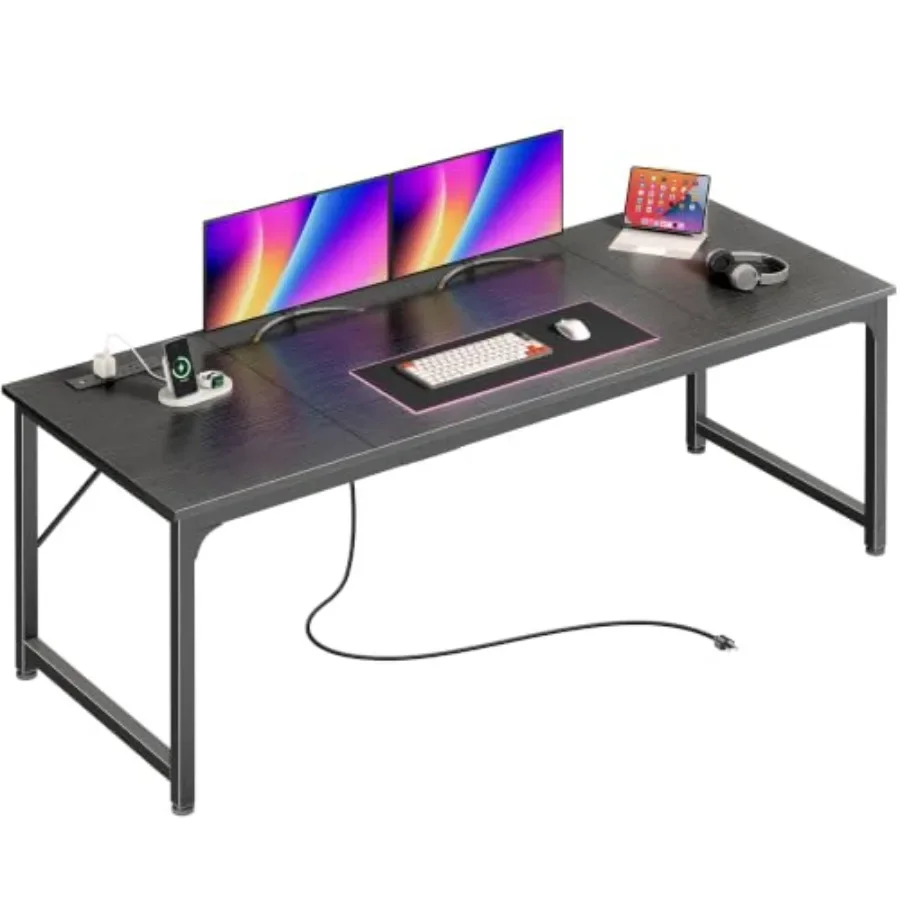 Computer desk for home office use, made of engineered wood in white finish, featuring built-in power outlets and USB-C charging