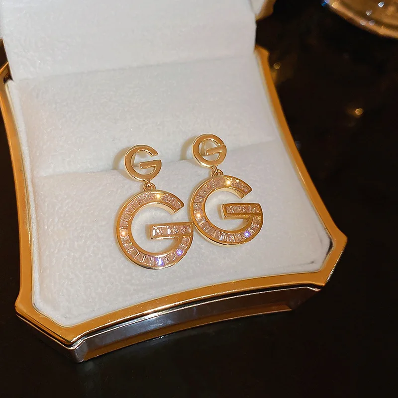 Luxury Double G Letter Drop Earrings, Baguette Zircon Dangle Earrings, Elegant Jewelry for Women Office Party