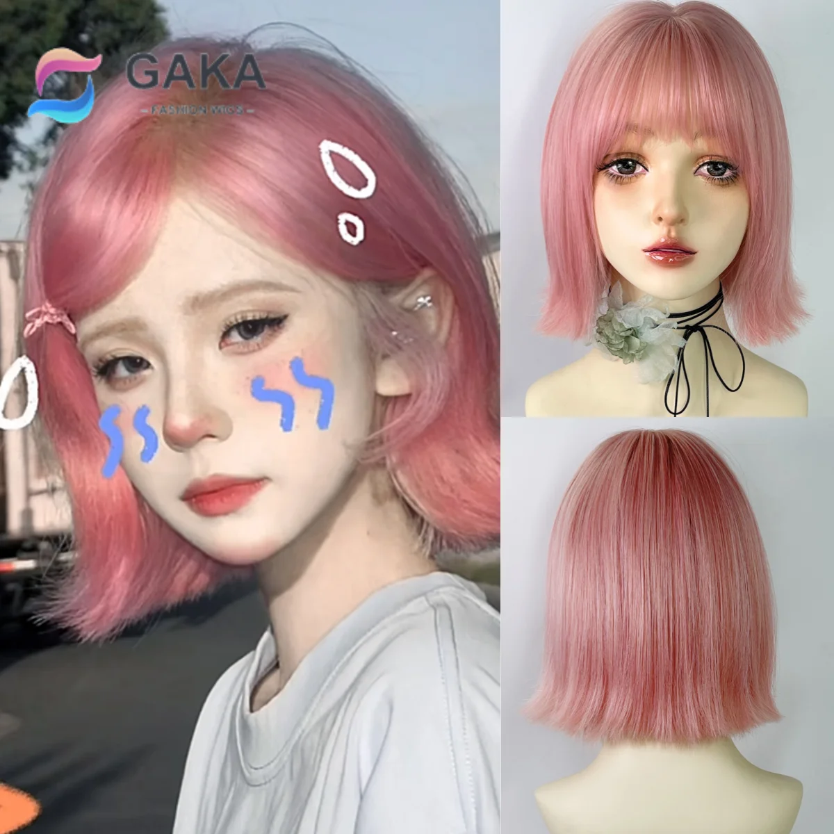 GAKA Short Curly Pink Bob Synthetic Role Play Wig For Women Silver Natural Heat Resistant Hair With Fringes Full Head Covering