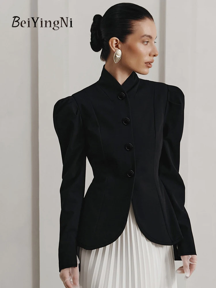 

Beiyingni, французские элегантные женские пиджаки, однотонные элитные роскошные винтажные черные пальто с воротником-стойкой, женская офисная одежда, топы