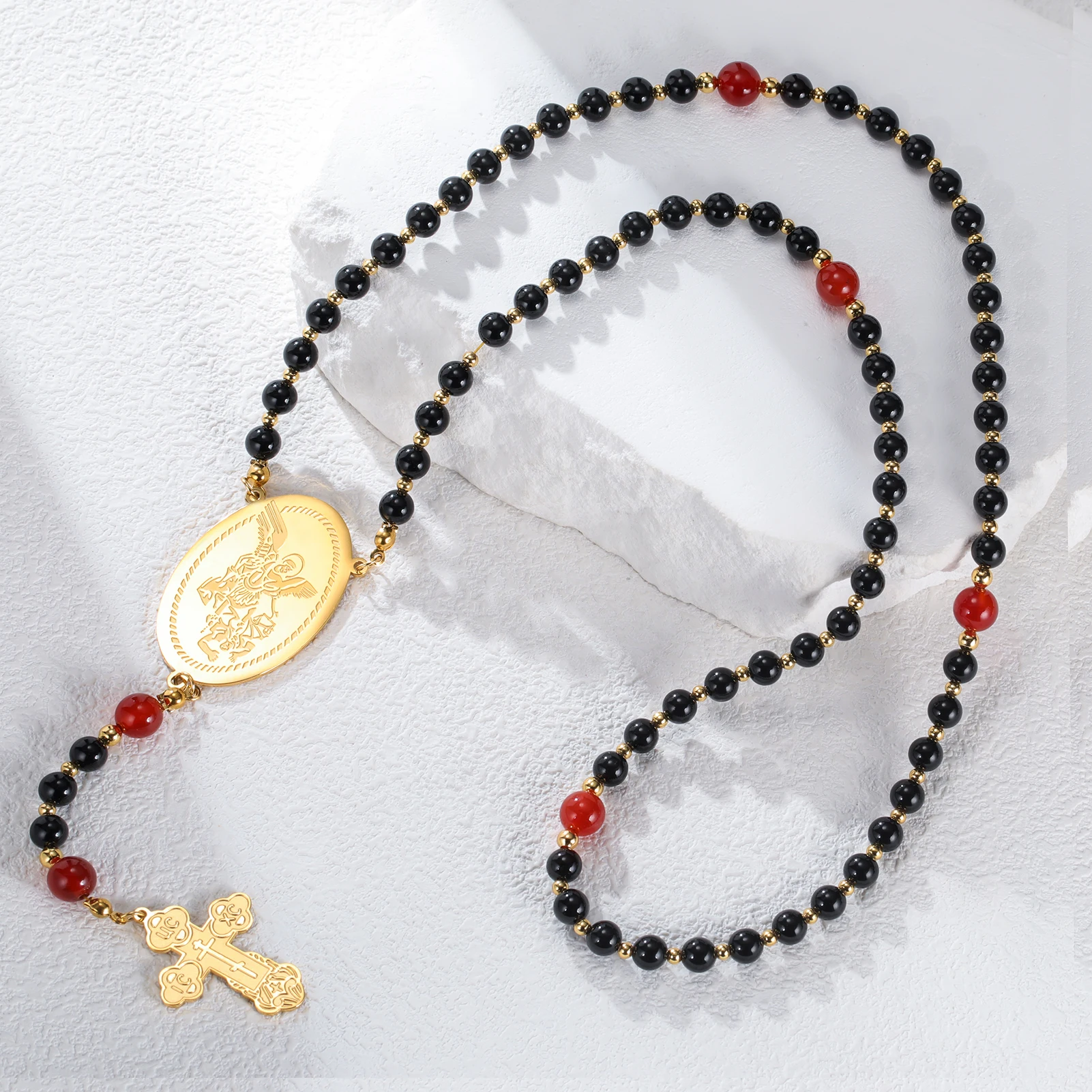 LIKGREAT Angel Wing Cross Necklace Protection Black Obsidian Red Agate Bead Chain Good Luck Courage Strength Amulet Jewlery Gift