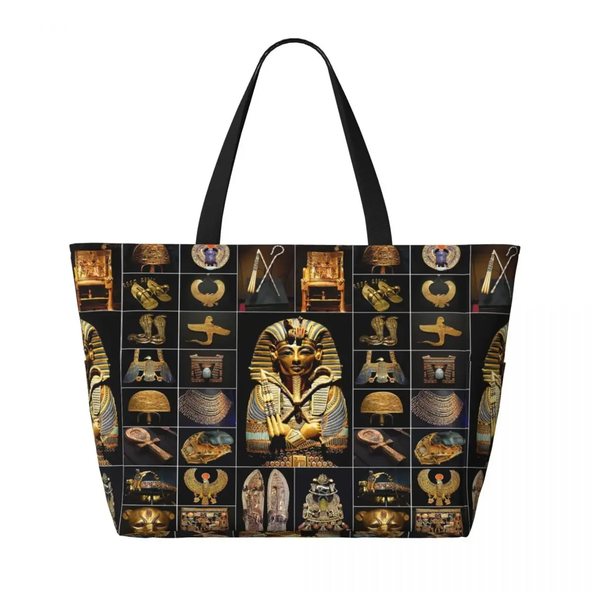 Custom Egypt Ancient King Tutankhamun Hieroglyphs Beach Tote Bag for Women Big Compartment Beach Gym Travel Bags