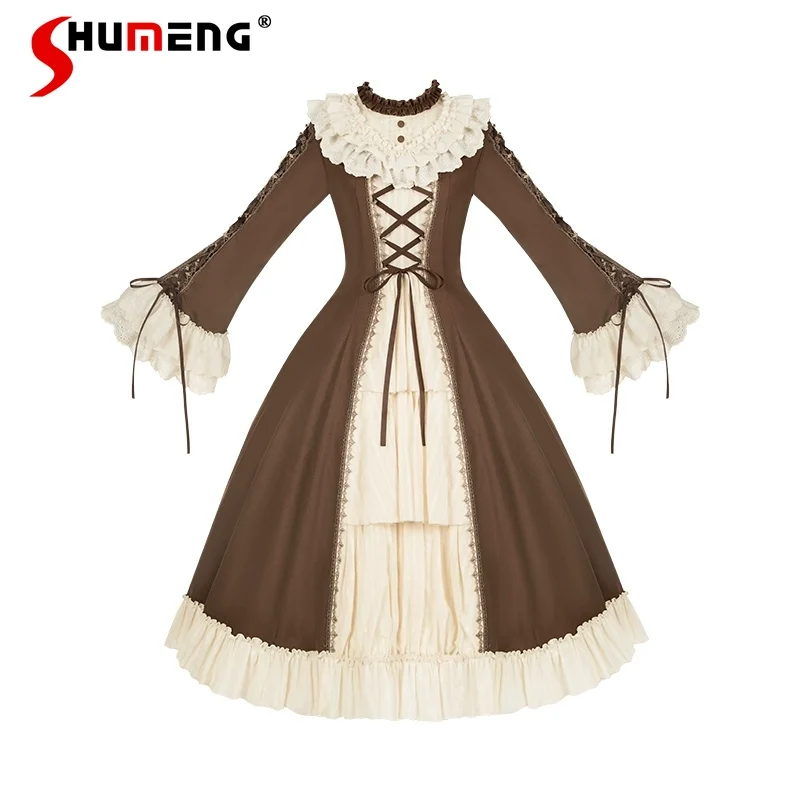 

Original French Court Style Elegant Retro Long Dress OP Autumn New 2025 Women's High Waist Slim Ruffle Lolita Princess Dress Set