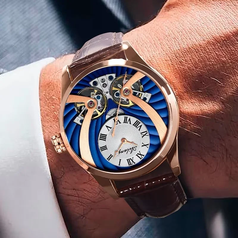 AILANG Skeleton Automatic Mechanical Watch Leather Strap Men Steampunk Double Tourbillon Mens Wrist Watches Montre Homme