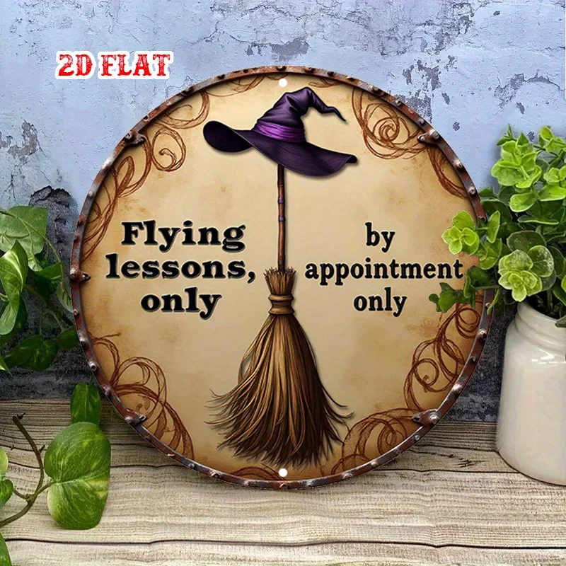 2D Flat, Vintage Witchcraft Metal Wall Decor - Flying Broomstick & Witch Hat in Purple -  for Home, Cafe, Garage - Halloween