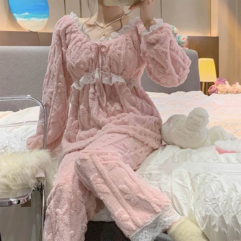 Winter New Plush Soft Warm Women\'s Pajamas Lace V-neck Long Sleeve 2 Piece Outfit Set Women Sweet Solid Color Princess Home Wear